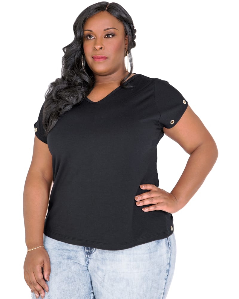 Front of a model wearing a size L Jaylee V-Back Cut Out T-Shirt in Black by Poetic Justice. | dia_product_style_image_id:280002